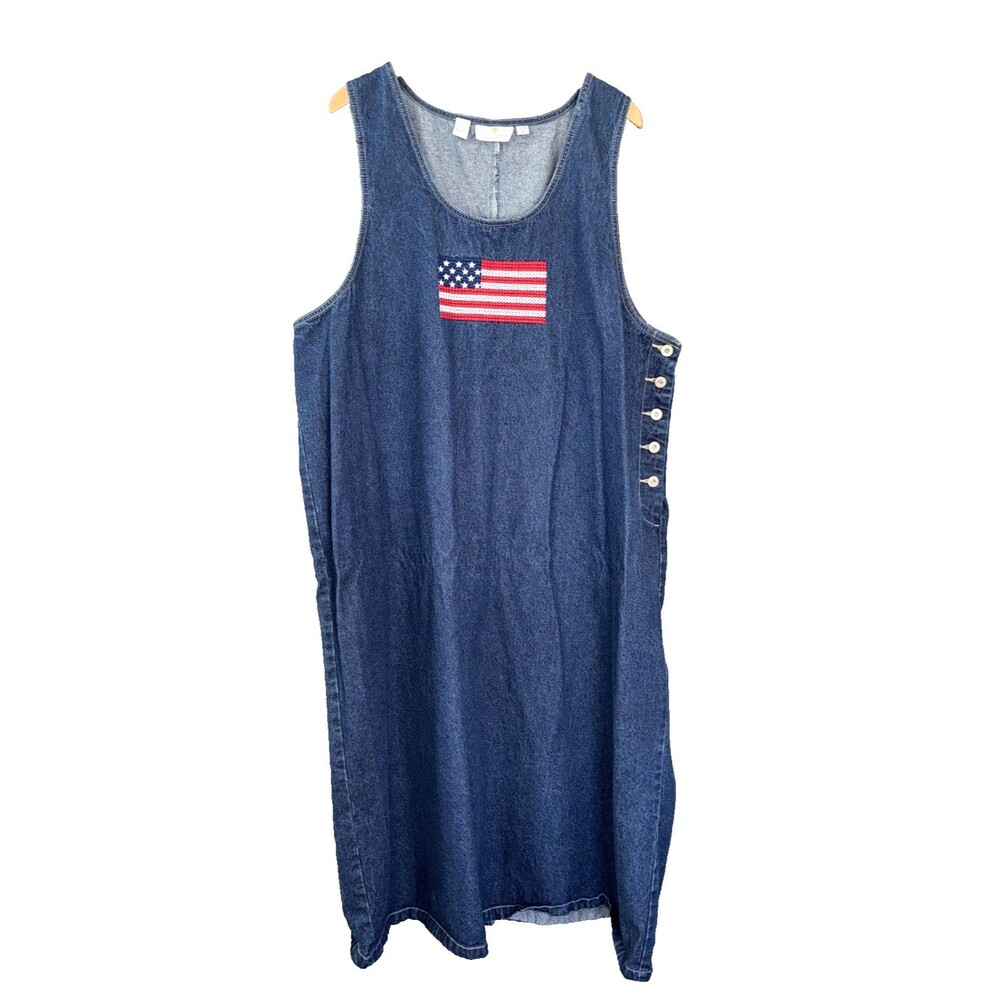 90s Embroidered Flag Denim Maxi Jumper Dress 3X Cottage Grandma America Teacher